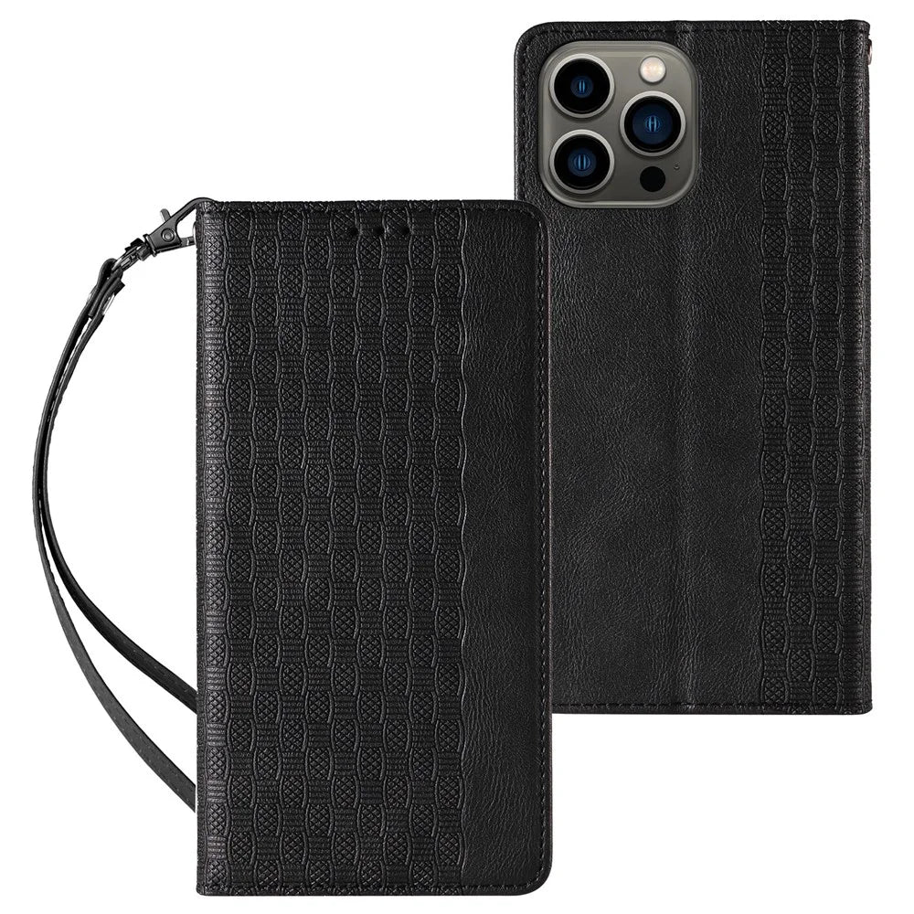 For iPhone 15 Plus Magnetic Closing Phone Case Imprinted PU Leather Wallet Stand Cover with Hand Strap - Black - 1