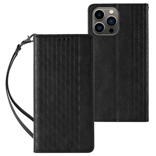 For iPhone 15 Plus Magnetic Closing Phone Case Imprinted PU Leather Wallet Stand Cover with Hand Strap - Black - 1