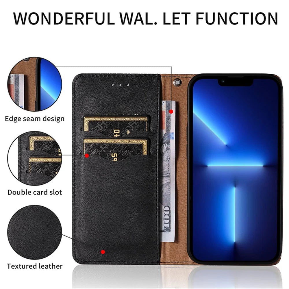 For iPhone 15 Plus Magnetic Closing Phone Case Imprinted PU Leather Wallet Stand Cover with Hand Strap - Black - 2