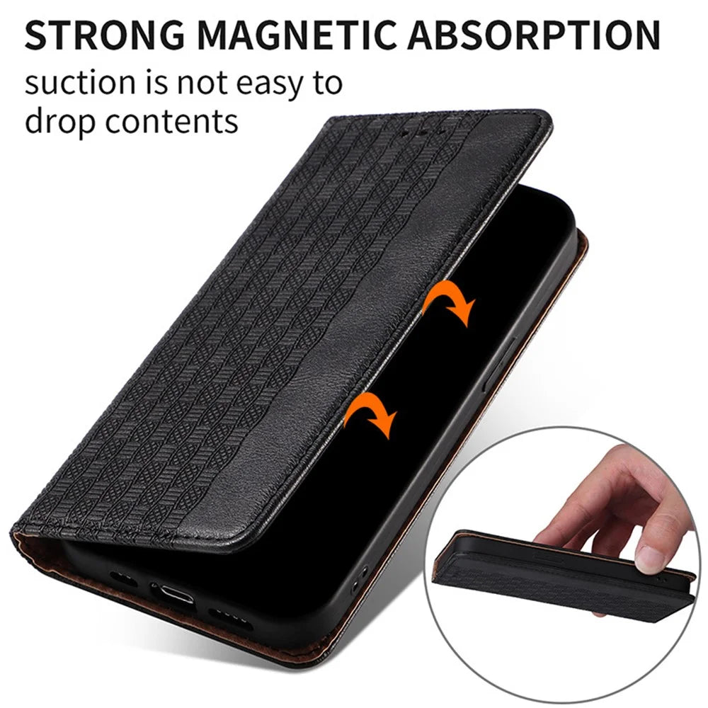 For iPhone 15 Plus Magnetic Closing Phone Case Imprinted PU Leather Wallet Stand Cover with Hand Strap - Black - 4