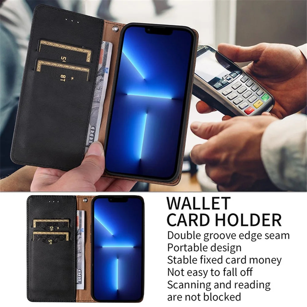 For iPhone 15 Plus Magnetic Closing Phone Case Imprinted PU Leather Wallet Stand Cover with Hand Strap - Black - 5