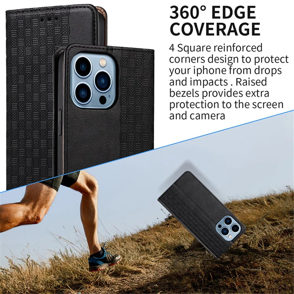 For iPhone 15 Plus Magnetic Closing Phone Case Imprinted PU Leather Wallet Stand Cover with Hand Strap - Black - 7