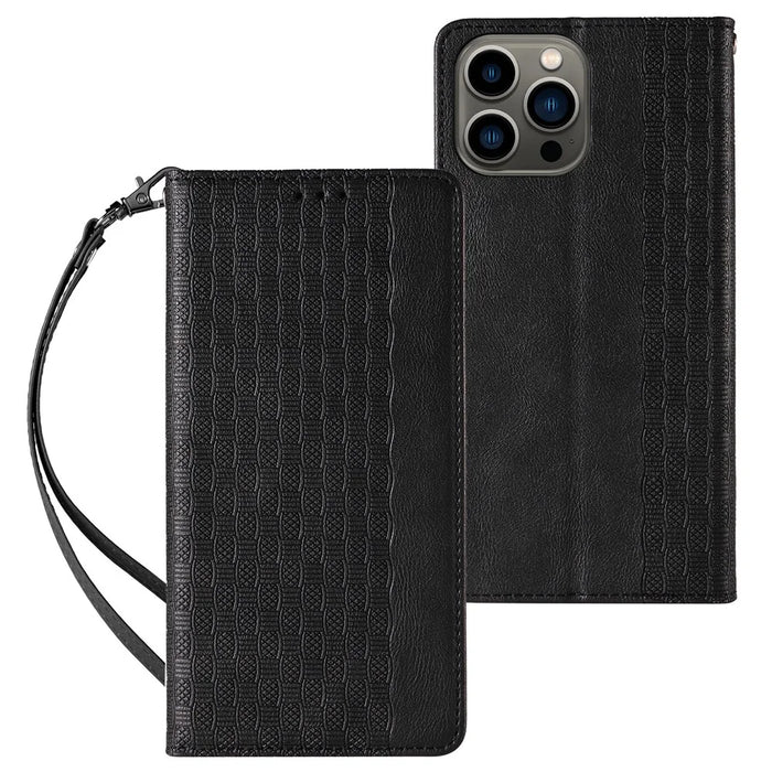 For iPhone 15 Pro Max Magnetic Closing Imprinted Anti-fall Cover Leather Wallet Stand Phone Case with Strap - Black - 1
