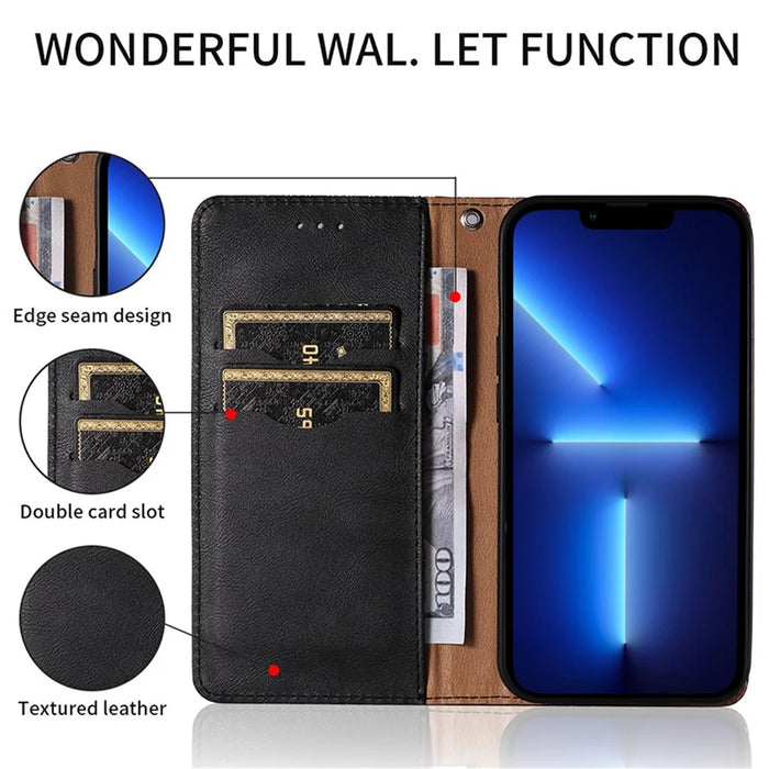 For iPhone 15 Pro Max Magnetic Closing Imprinted Anti-fall Cover Leather Wallet Stand Phone Case with Strap - Black - 2