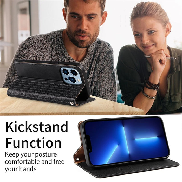 For iPhone 15 Pro Max Magnetic Closing Imprinted Anti-fall Cover Leather Wallet Stand Phone Case with Strap - Black - 3