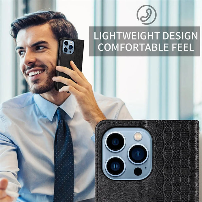 For iPhone 15 Pro Max Magnetic Closing Imprinted Anti-fall Cover Leather Wallet Stand Phone Case with Strap - Black - 6