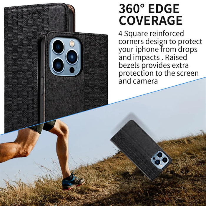 For iPhone 15 Pro Max Magnetic Closing Imprinted Anti-fall Cover Leather Wallet Stand Phone Case with Strap - Black - 7