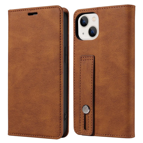 For iPhone 15 Pro Wristband Design PU Leather Phone Case Stand Wallet Cover - Brown - 1