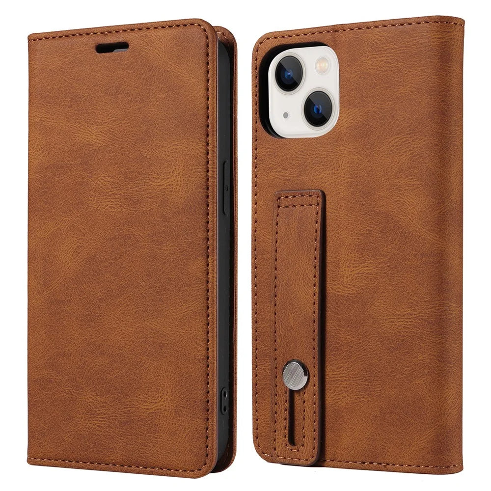 Wristband PU Leather Case for iPhone 15 Pro Max , Wallet Stand Anti-drop Phone Cover - Brown - 1