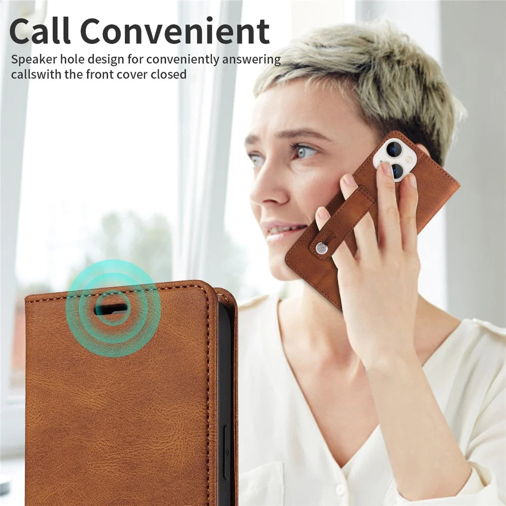 Wristband PU Leather Case for iPhone 15 Pro Max , Wallet Stand Anti-drop Phone Cover - Brown - 3