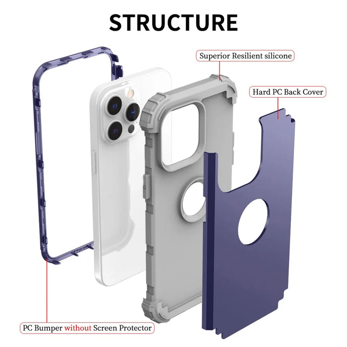 For iPhone 15 Pro Max 3-in-1 PC+Silicone Phone Case Anti-drop Cell Phone Cover - Navy Blue - 2