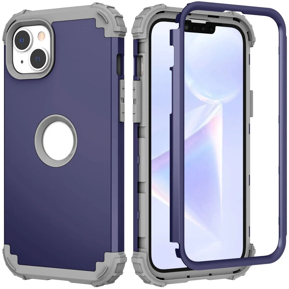 For iPhone 15 Plus PC+Silicone 3-in-1 Phone Case Thickened Corner Shockproof Phone Cover - Navy Blue - 1