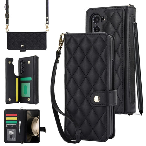 ZD 028 For Samsung Galaxy Z Fold5 5G PC+PU Leather Flip Cover Shockproof Wallet Phone Case with Straps - Black - 1