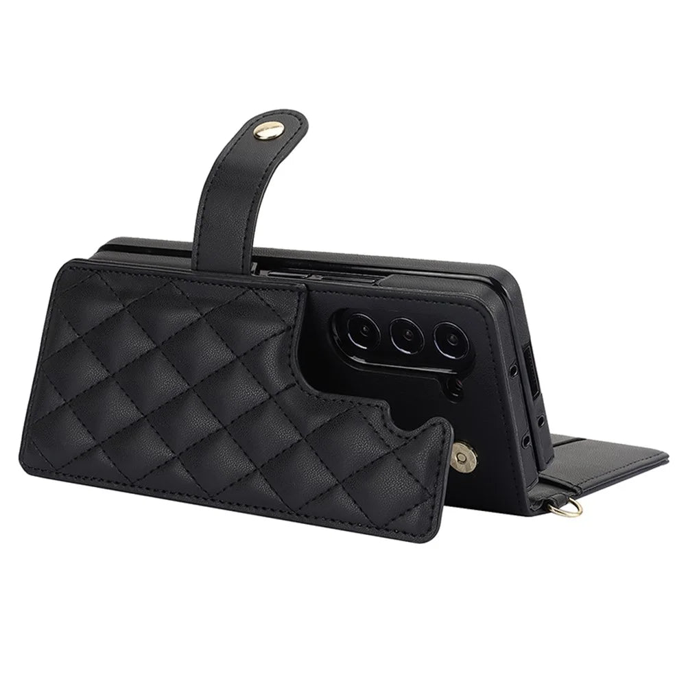 ZD 028 For Samsung Galaxy Z Fold5 5G PC+PU Leather Flip Cover Shockproof Wallet Phone Case with Straps - Black - 3