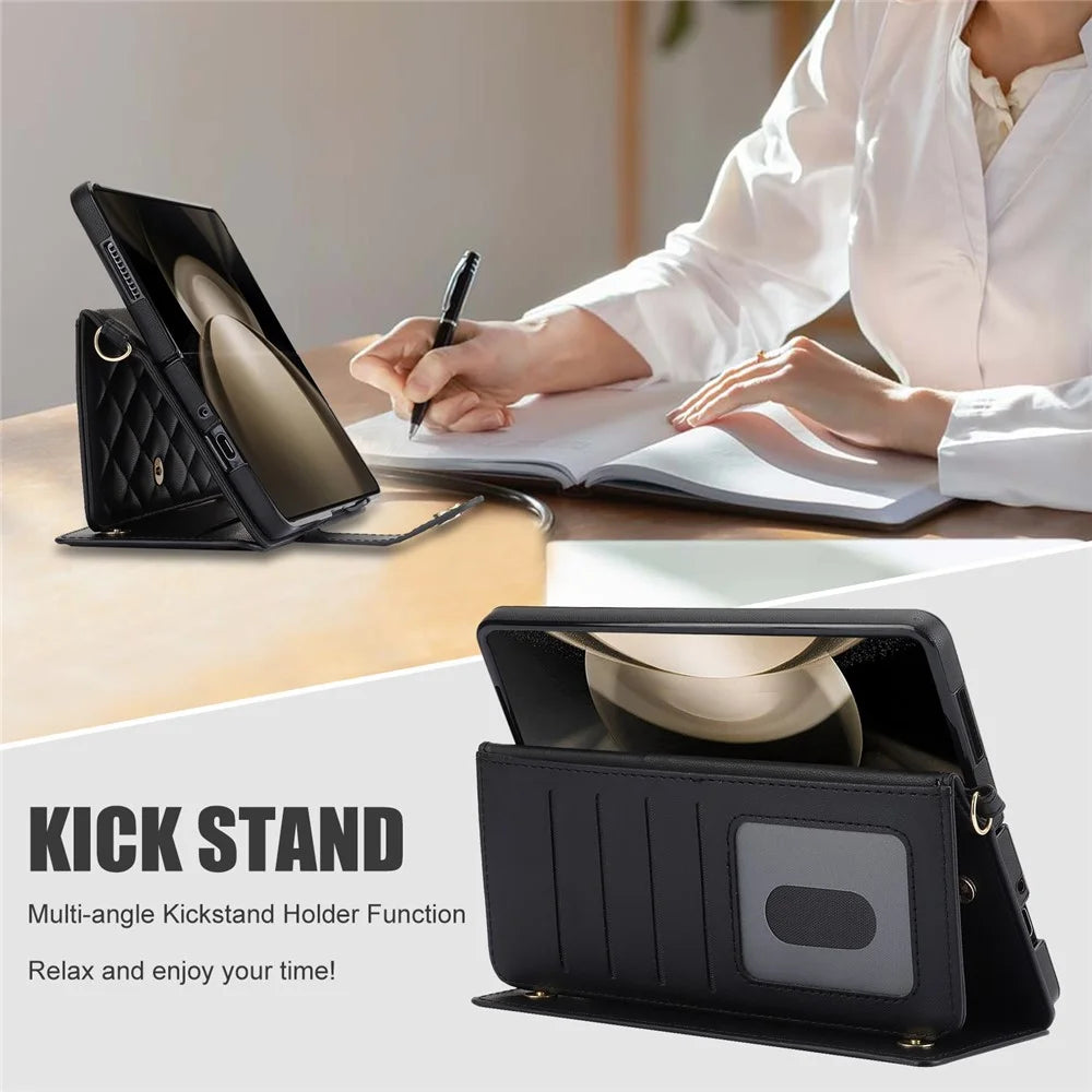 ZD 028 For Samsung Galaxy Z Fold5 5G PC+PU Leather Flip Cover Shockproof Wallet Phone Case with Straps - Black - 4
