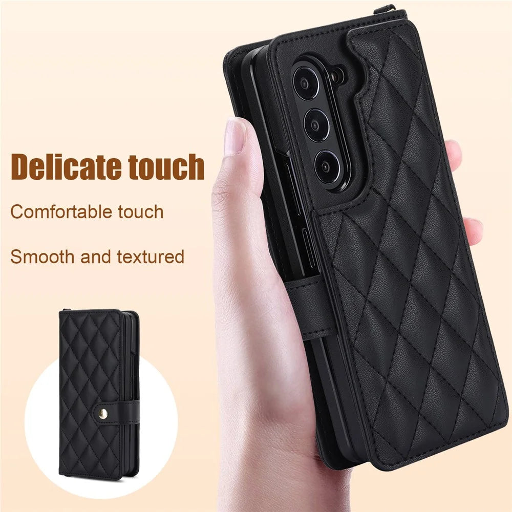 ZD 028 For Samsung Galaxy Z Fold5 5G PC+PU Leather Flip Cover Shockproof Wallet Phone Case with Straps - Black - 5