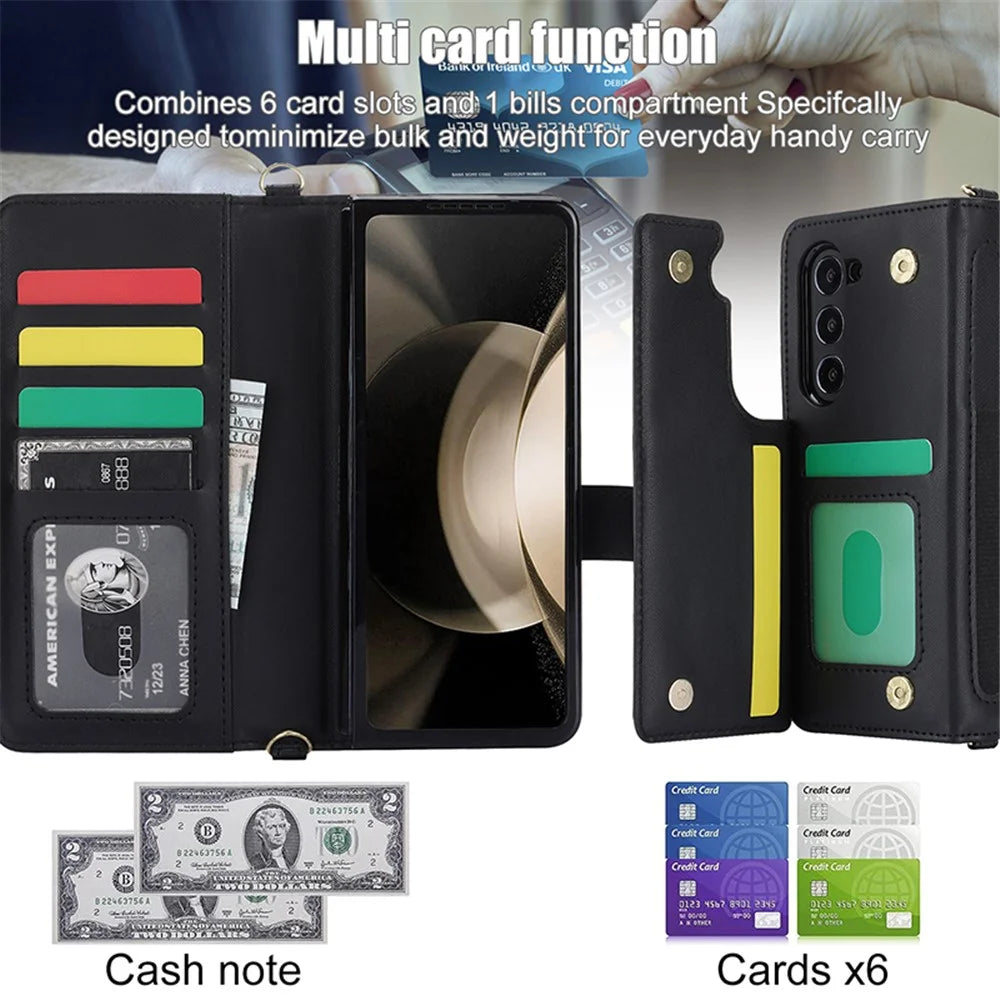 ZD 028 For Samsung Galaxy Z Fold5 5G PC+PU Leather Flip Cover Shockproof Wallet Phone Case with Straps - Black - 6