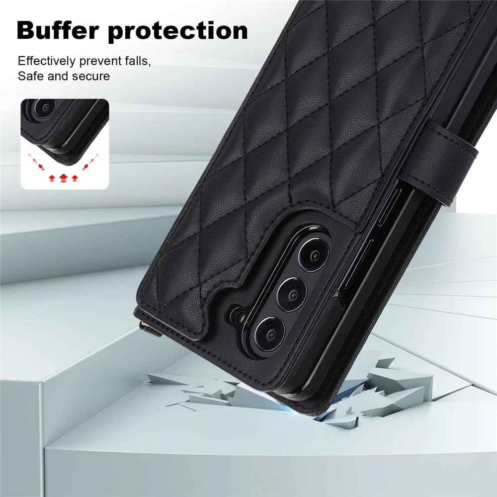 ZD 028 For Samsung Galaxy Z Fold5 5G PC+PU Leather Flip Cover Shockproof Wallet Phone Case with Straps - Black - 7