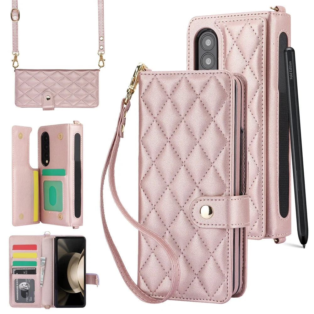 ZD 028 Shockproof Case for Samsung Galaxy Z Fold4 5G PC+PU Leather Wallet Phone Cover with Straps - Rose Gold - 1