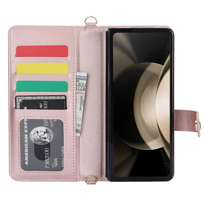 ZD 028 Shockproof Case for Samsung Galaxy Z Fold4 5G PC+PU Leather Wallet Phone Cover with Straps - Rose Gold - 2