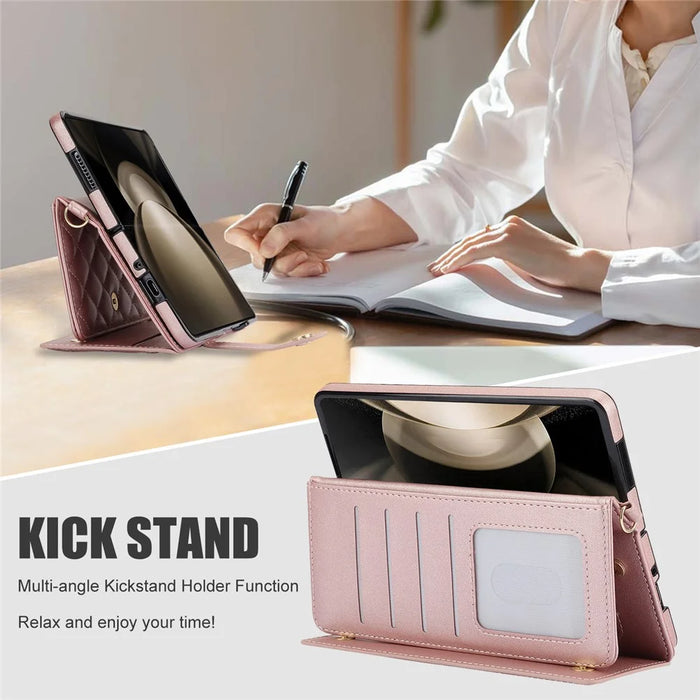 ZD 028 Shockproof Case for Samsung Galaxy Z Fold4 5G PC+PU Leather Wallet Phone Cover with Straps - Rose Gold - 4
