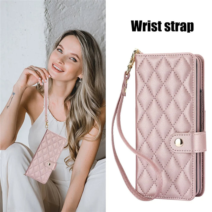 ZD 028 Shockproof Case for Samsung Galaxy Z Fold4 5G PC+PU Leather Wallet Phone Cover with Straps - Rose Gold - 5