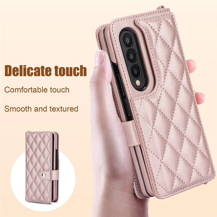 ZD 028 Shockproof Case for Samsung Galaxy Z Fold4 5G PC+PU Leather Wallet Phone Cover with Straps - Rose Gold - 6