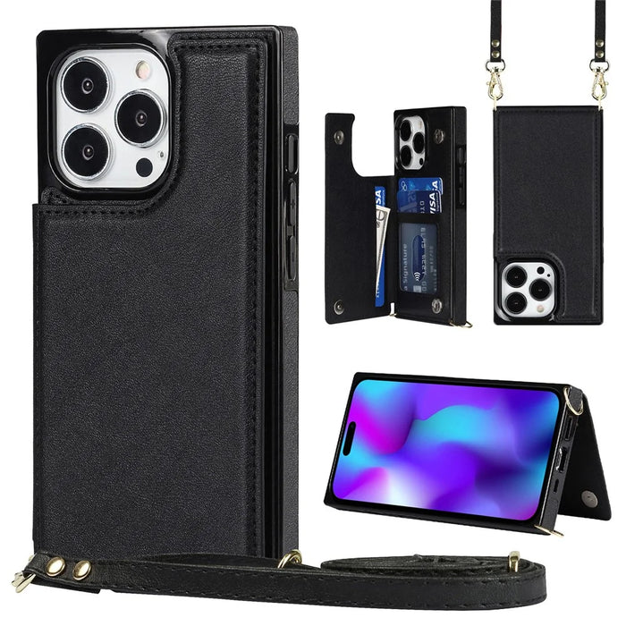 For iPhone 15 Pro Max RFID Blocking Card Holder Kickstand Cover Anti-drop Phone Case with Shoulder Strap - Black - 1