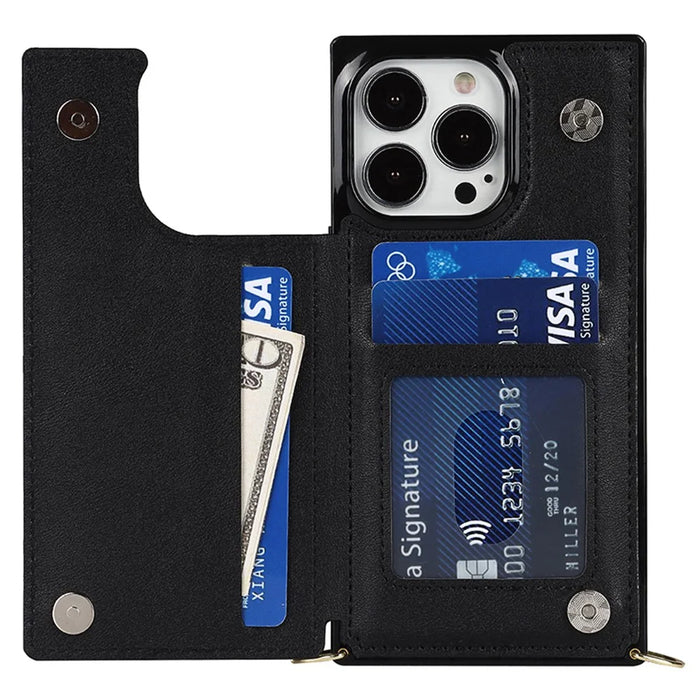 For iPhone 15 Pro Max RFID Blocking Card Holder Kickstand Cover Anti-drop Phone Case with Shoulder Strap - Black - 2