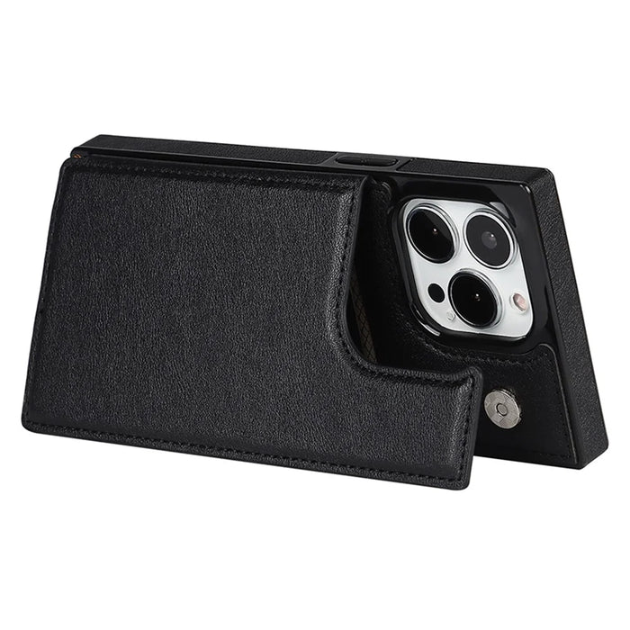 For iPhone 15 Pro Max RFID Blocking Card Holder Kickstand Cover Anti-drop Phone Case with Shoulder Strap - Black - 3