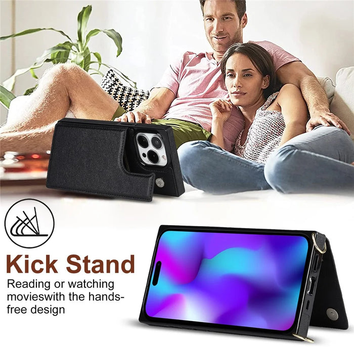 For iPhone 15 Pro Max RFID Blocking Card Holder Kickstand Cover Anti-drop Phone Case with Shoulder Strap - Black - 5