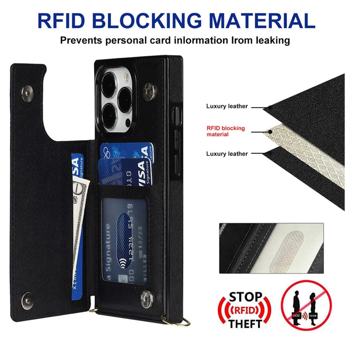 For iPhone 15 Pro Max RFID Blocking Card Holder Kickstand Cover Anti-drop Phone Case with Shoulder Strap - Black - 6