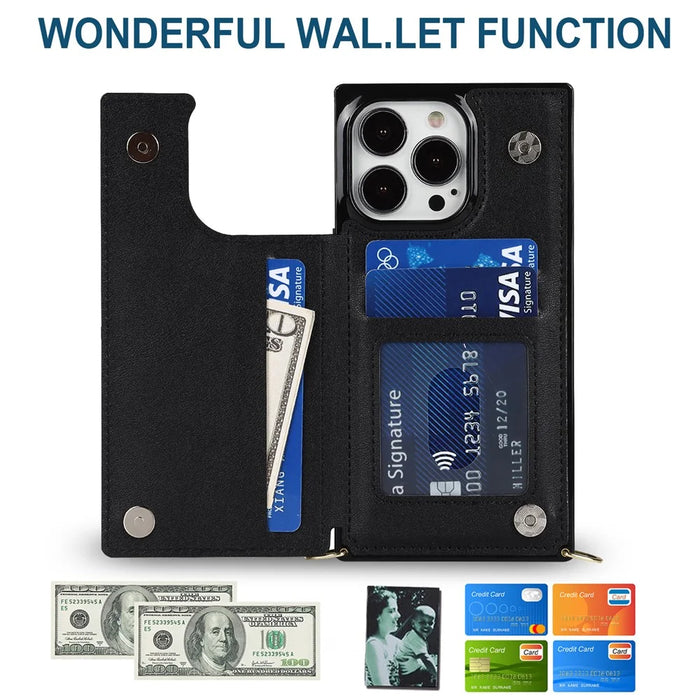 For iPhone 15 Pro Max RFID Blocking Card Holder Kickstand Cover Anti-drop Phone Case with Shoulder Strap - Black - 7