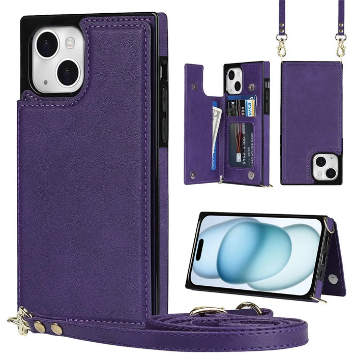 For iPhone 15 RFID Blocking Card Holder Back Cover Kickstand Phone Case with Shoulder Strap - Purple - 1