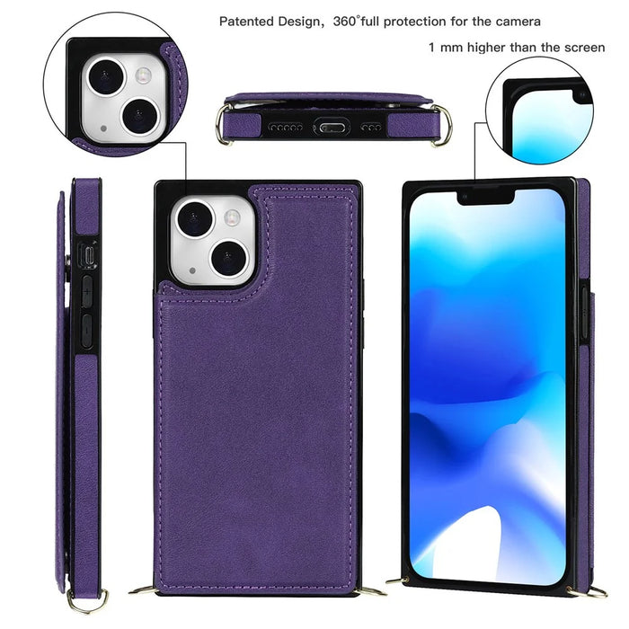 For iPhone 15 RFID Blocking Card Holder Back Cover Kickstand Phone Case with Shoulder Strap - Purple - 2