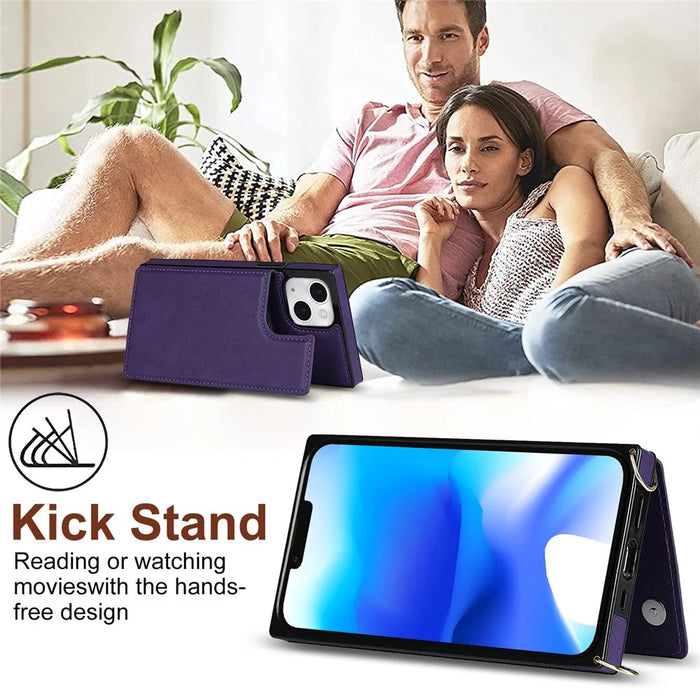 For iPhone 15 RFID Blocking Card Holder Back Cover Kickstand Phone Case with Shoulder Strap - Purple - 3