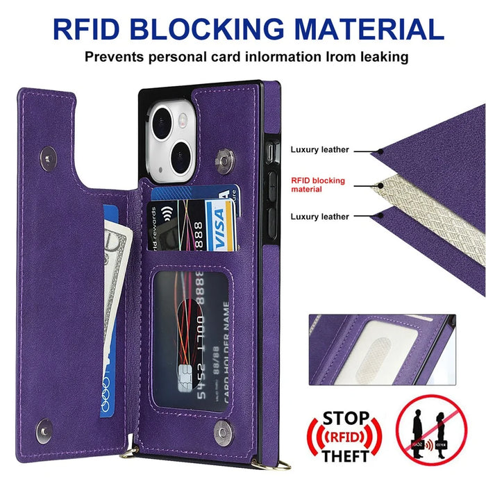 For iPhone 15 RFID Blocking Card Holder Back Cover Kickstand Phone Case with Shoulder Strap - Purple - 4