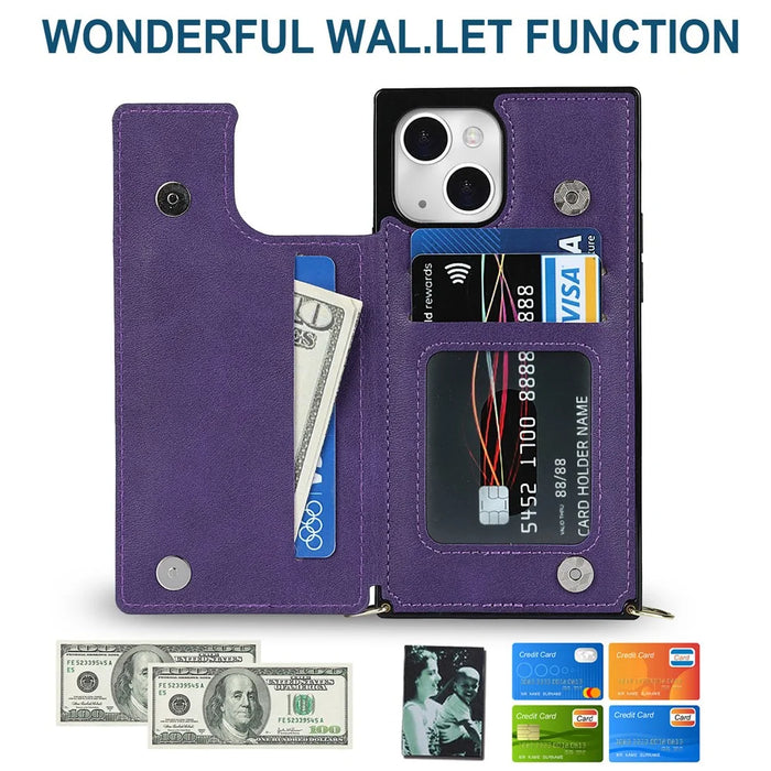 For iPhone 15 RFID Blocking Card Holder Back Cover Kickstand Phone Case with Shoulder Strap - Purple - 5