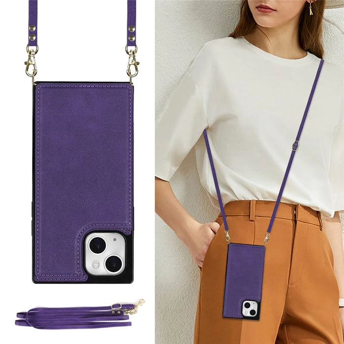 For iPhone 15 RFID Blocking Card Holder Back Cover Kickstand Phone Case with Shoulder Strap - Purple - 6