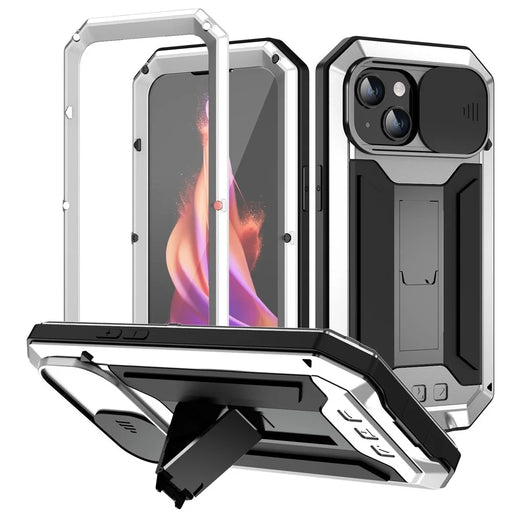 R-JUST For iPhone 15 Slide Camera Lid Silicone+Metal+Plastic Phone Case Kickstand Cover with Tempered Glass Screen Protector - Silver - 1