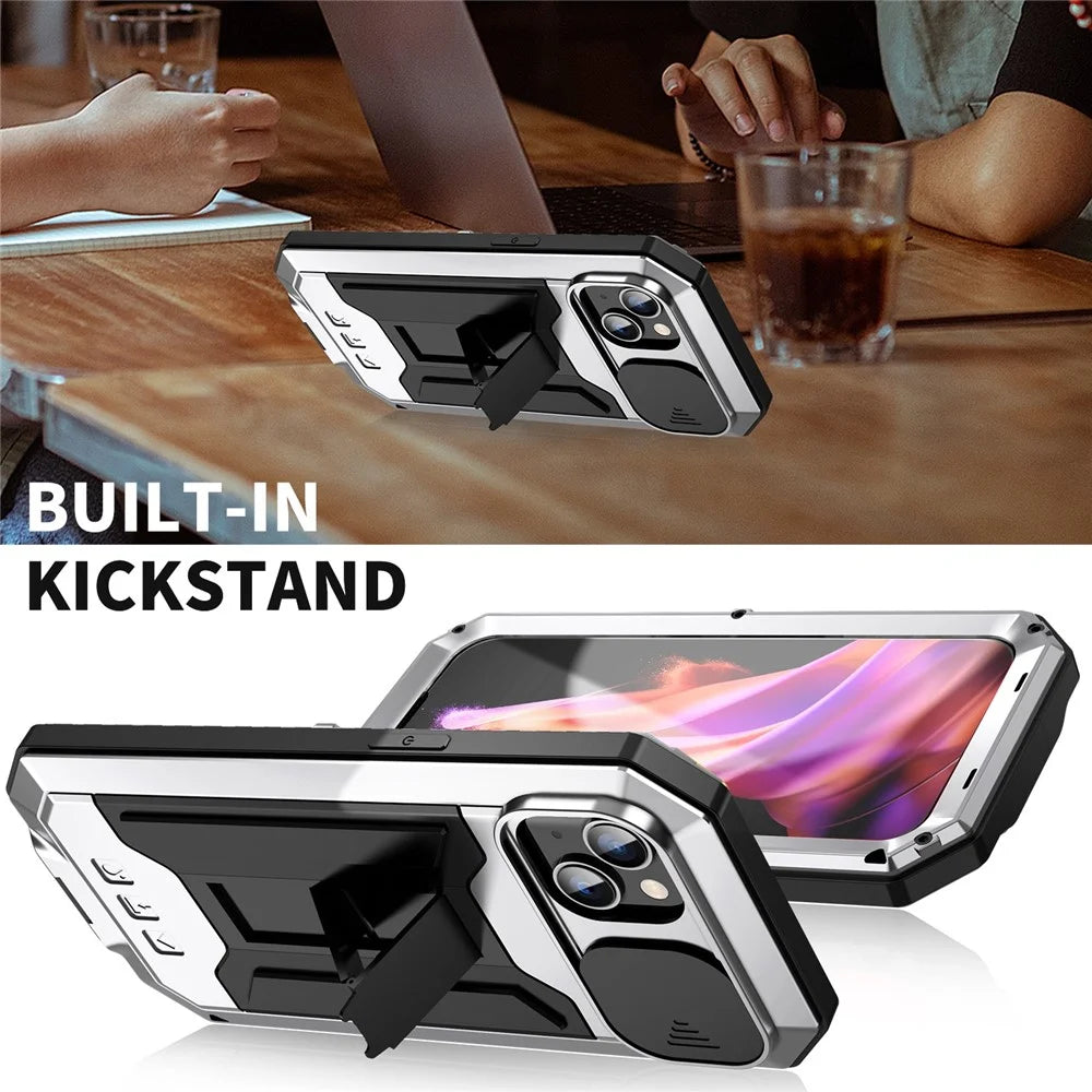 R-JUST For iPhone 15 Slide Camera Lid Silicone+Metal+Plastic Phone Case Kickstand Cover with Tempered Glass Screen Protector - Silver - 3