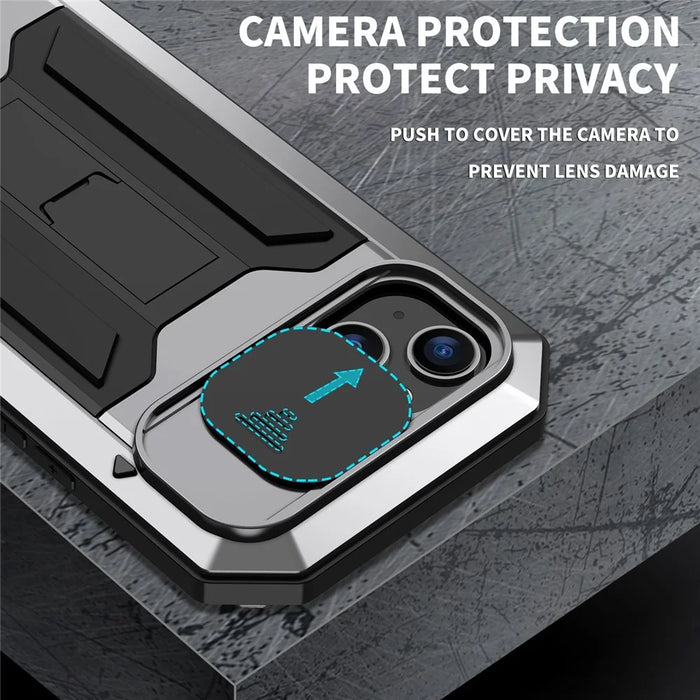 R-JUST For iPhone 15 Slide Camera Lid Silicone+Metal+Plastic Phone Case Kickstand Cover with Tempered Glass Screen Protector - Silver - 4