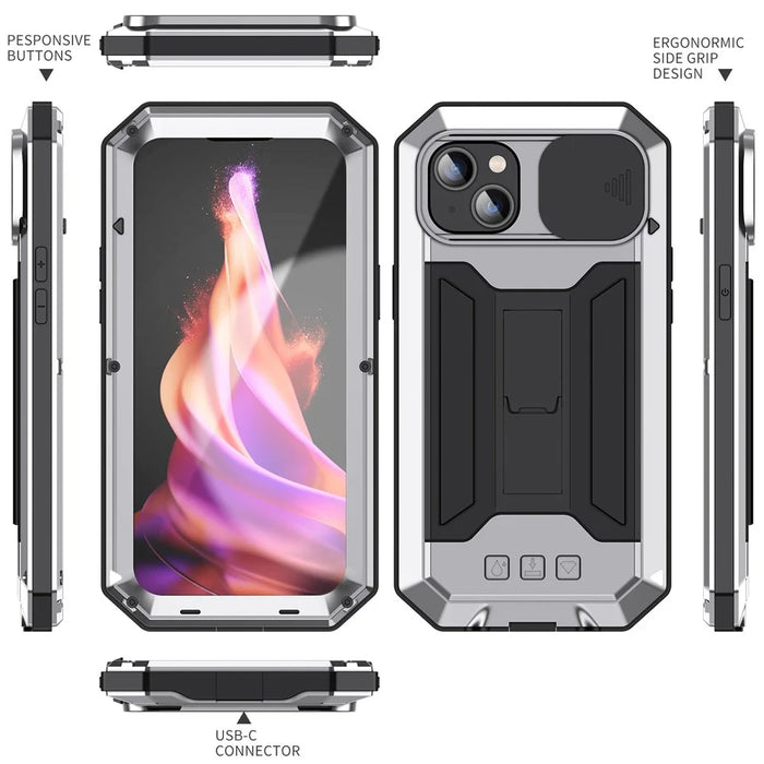 R-JUST For iPhone 15 Slide Camera Lid Silicone+Metal+Plastic Phone Case Kickstand Cover with Tempered Glass Screen Protector - Silver - 7