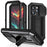 R-JUST For iPhone 15 Pro Slide Camera Lid Kickstand Cover Silicone+Metal+Plastic Phone Case with Tempered Glass Screen Film - Black - 1