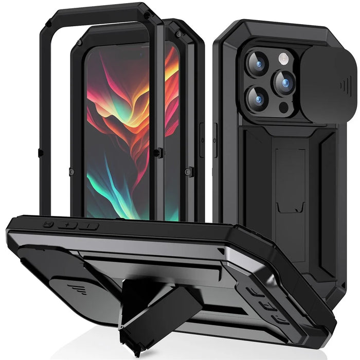 R-JUST For iPhone 15 Pro Slide Camera Lid Kickstand Cover Silicone+Metal+Plastic Phone Case with Tempered Glass Screen Film - Black - 1