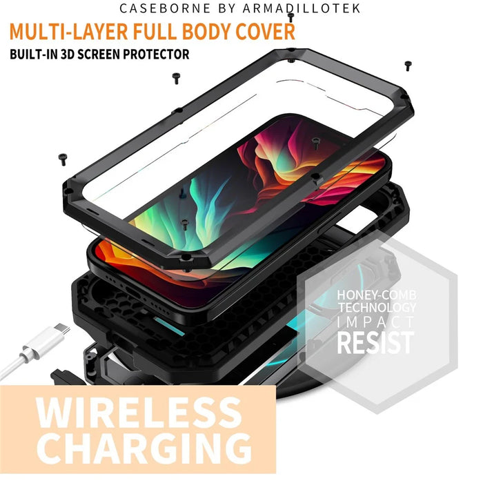 R-JUST For iPhone 15 Pro Slide Camera Lid Kickstand Cover Silicone+Metal+Plastic Phone Case with Tempered Glass Screen Film - Black - 2