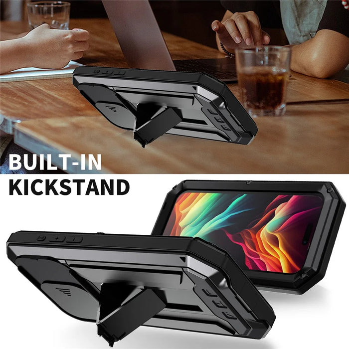 R-JUST For iPhone 15 Pro Slide Camera Lid Kickstand Cover Silicone+Metal+Plastic Phone Case with Tempered Glass Screen Film - Black - 3