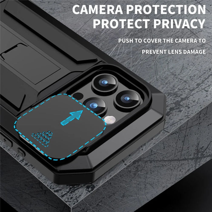 R-JUST For iPhone 15 Pro Slide Camera Lid Kickstand Cover Silicone+Metal+Plastic Phone Case with Tempered Glass Screen Film - Black - 4
