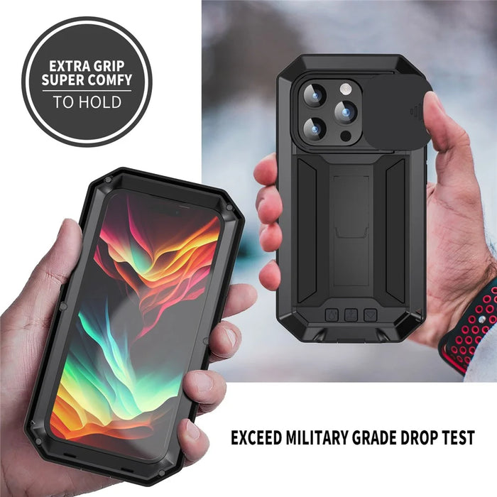 R-JUST For iPhone 15 Pro Slide Camera Lid Kickstand Cover Silicone+Metal+Plastic Phone Case with Tempered Glass Screen Film - Black - 6