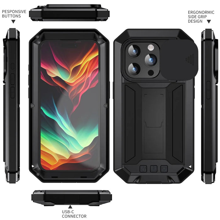 R-JUST For iPhone 15 Pro Slide Camera Lid Kickstand Cover Silicone+Metal+Plastic Phone Case with Tempered Glass Screen Film - Black - 7